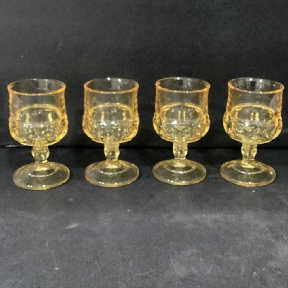 Indiana Glass Kings Crown Thumbprint Goblets, Set of 4, Vintage Yellow Stemware